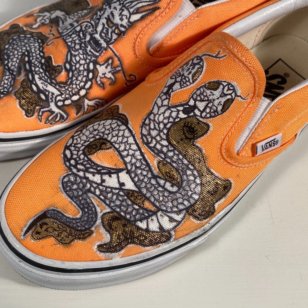 Vans Custom Painted Dragon Snake Orange Canvas Slip on Sneakers Women Size 7 - Picture 6 of 10
